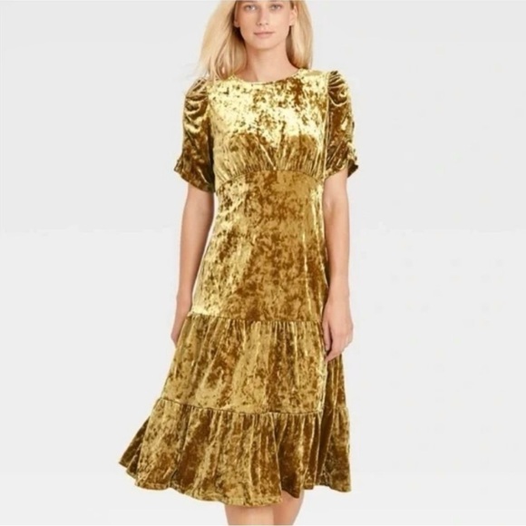 Who What Where Gold Crushed Velvet Women’s Tiered Midi Dress Sz L - Picture 1 of 12